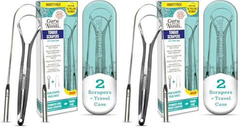 Image of GuruNanda Spoon & U-Shaped Tongue Scraper Variety Pack (4 Pack) with Travel Case, 420 Medical Grade Stainless Steel, Promotes Fresh Breath & Oral Care