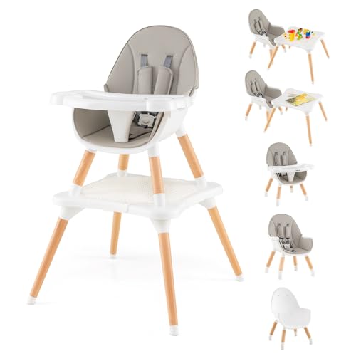 Image of INFANS Baby High Chair, 5-in-1 Convertible Wooden Highchair for Babies and Toddlers Table and Chair Set Building Block Table and Stool with 5 Point Harness, Detachable Tray