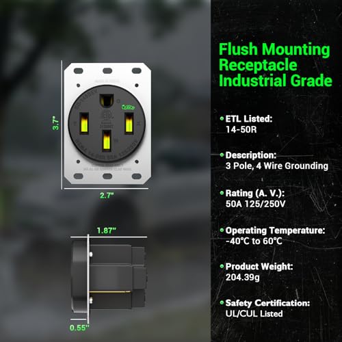 Image of 50 Amp EV Charging Receptacle /Nema 14-50 EV Outlet: Heavy Duty Straight Blade Device,2.42 inch Diameter, U-Shaped Brass Clamp -Industrial Grade, 3-Pole 4-Wire Grounding,125 /250V,ETL Listed
