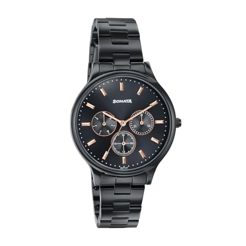 Image of Sonata Axis with Quartz Analog Black Premium Multifunction Design Dial IP Black Strap Watch for Women - 87119NM01