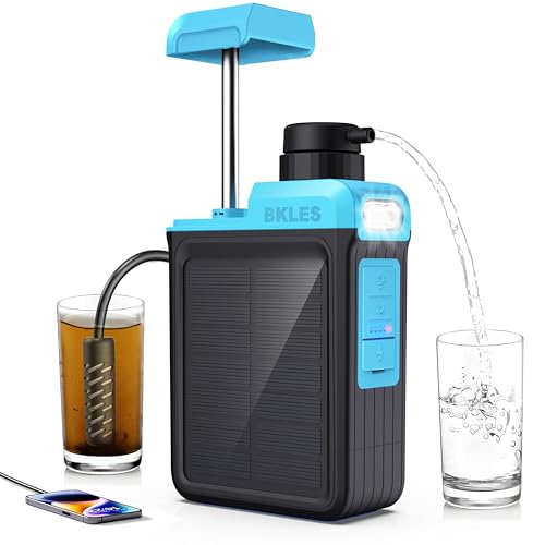 BKLES 3-in-1 Solar Electric Water Filter with Hand Pump – Camping Water Filtration System Survival, Portable Water Purifier with Emergency Light, Survival Gear for Hiking Travel Backpacking