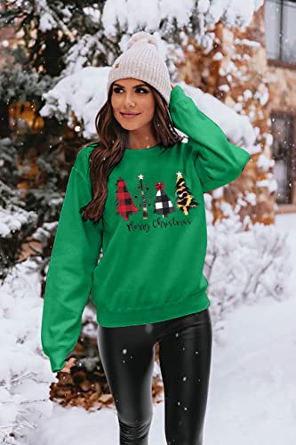 Kiddad Merry Christmas Sweatshirt Shirt For Women Christmas Leopard Tree Graphic Long Sleeve Tees Blouse Pullover (Green, L) #TOP4