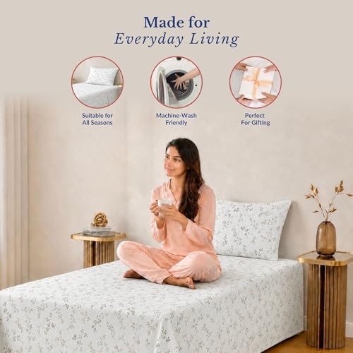 Image of Jaipur Weaves Single Bed Cotton Bedsheet with 1 Pillow Cover, 100% Pure Cotton Single Bedsheet 60x90 Inches, 240 TC Soft Breathable Bed Sheet - (Spring Tulips Brown, Single)