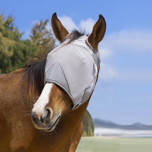 Raelitego Horse Fly Mask, Adjustable Fly Masks for Horses Without Ears, UV Protection from Insect Pests Comfort Mesh Without Nose Average Size Horses Accessories (L)