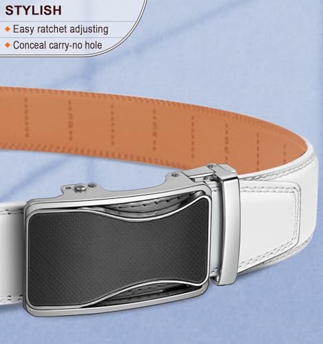 Image of BULLIANT Mens Ratchet Belt, Leather Adjustable Slide Belt For Mens Dress Casual Pant 1 3 /8 inch,Size Adjustable, White 2484, 32 inch-38 inchWaist Adjustable