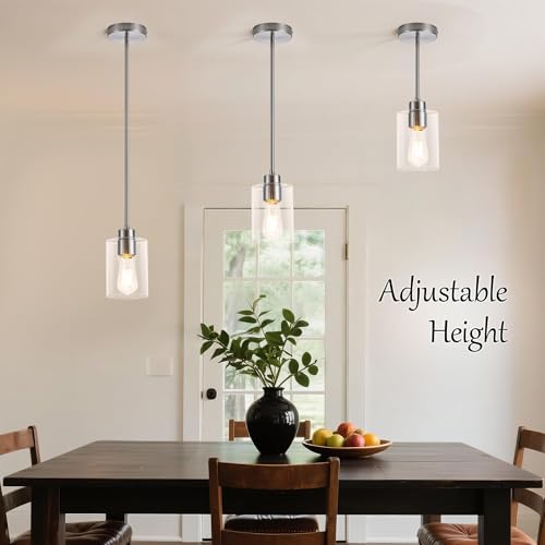 Image of MAYNA 1-Pack Brushed Nickel Ceiling Light Fixture, Simple Silver Mini Pendant with Bulb, Adjustable Rods Contemporary Hanging Lamp for Foyer, Corridor, Sink