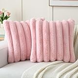 Picture of HAUSSY Faux Fur Throw Pillow Covers 20x20 Inch Set of 2,Decorative Striped Neutral Pillow Cases Soft Plush Couch Pillow Covers,Home Decor for Sofa,Bed, Living Room,Pink