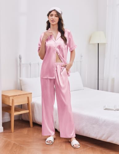 Image of Ekouaer Silk Satin Pajamas for Women Set 2 Piece Short Sleeve Button Up Pjs
