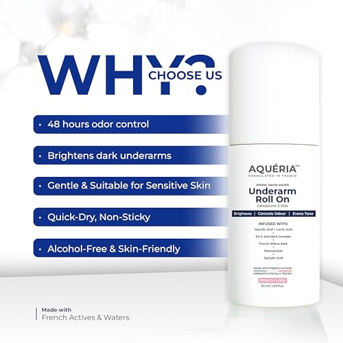 Image of Aqueria 5.5% AHA BHA French Underarm Brightening Roll On | 48H Odour Control | Flora Fragrance with 2% Niacinamide | Multi Actives, Glycolic Acid, Lactic Acid | Prevents Odor, Kills Bacteria | Exfoliates, Reduces Pigmentation & Discoloration for Even-Toned Underarms | Brightens Skin & Exfoliates Underarm | Alcohol & Aluminium Free | Deodorant for Men & Women | 50ml