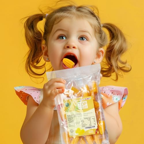 Healthy Corn Flavored Gummy Candy Snack, Vegan, Super Juicy with 70% Real Juice Content, Allergy Friendly, Soft & Chewy Gummi Candy Individually Wrapped 1LB Pack Bulk