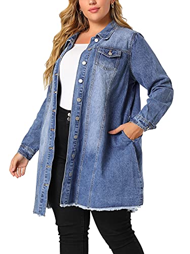 Agnes Orinda Women's Plus Size Denim Jacket Casual Long Distressed Button Up Pockets Jean Jackets