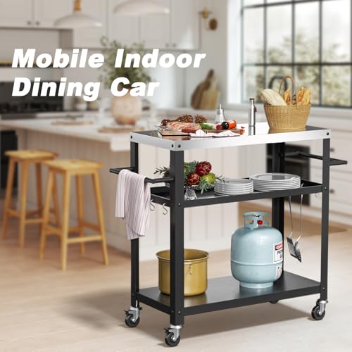 Nessxa Outdoor Grill Cart with Three-Shelf, Stainless Steel Pizza Oven Table for Outside, Dining Kitchen Cart with Two Side Handle, Garden Patio BBQ Kitchen Food Prep Table Cart (Black) - Thumbnail 6