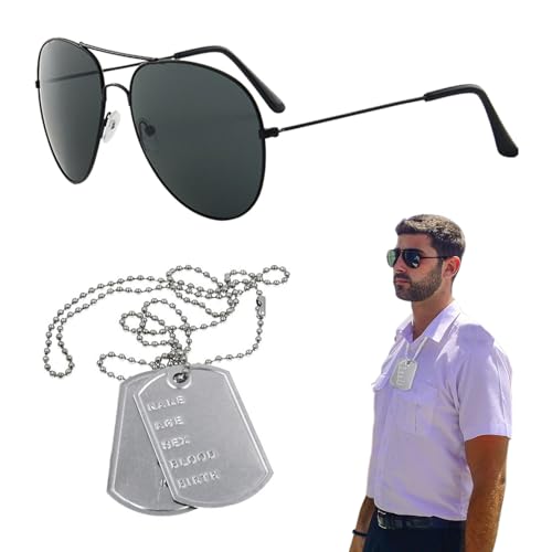 EUPSIIU 2 Piezas Disfraz de Aviador Piloto Army Militar Accesorios de TáCtica Soldados con Collar Placa de Identificación Gafas de Sol para Hombres Mujeres Soldado Halloween Cosplay Carnaval (2PCS)
