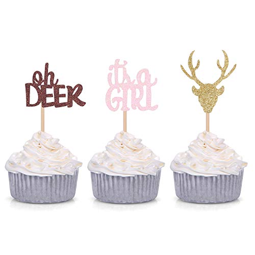 24 Counts Oh Deer It's a Girl Cupcake Toppers Gender Reveal Party Decorations Girl Baby Shower Party Favors