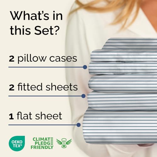 Image of Split King 5 Piece Striped Sheet Set - Breathable & Cooling - Ocean Stripe
