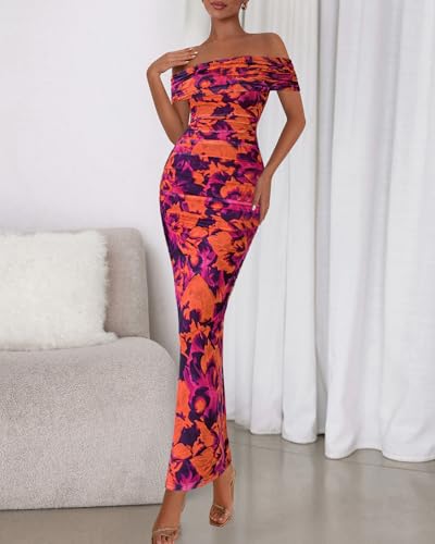 Image of BTFBM Cocktail Dresses for Women 2026 Elegant Classy Off Shoulder Bodycon Mesh Slit Floral Maxi Spring Summer Dress