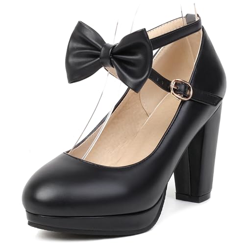 Image of ForeMode Fashion Women T-Strap High Heels Bow Platform Round Toe Pumps Leather Summer Sweet Shoes
