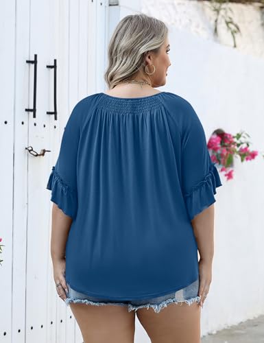 Image of Micoson Womens Plus Size Tops 3 /4 Ruffle Sleeve Crewneck Pleated Shirts
