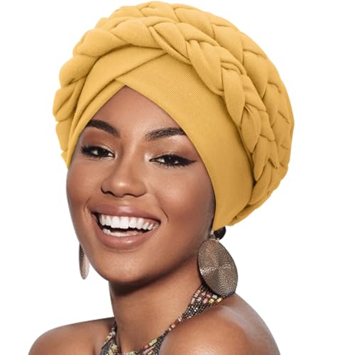 Image of DRESHOW African Women Turban Caps Cotton Beanie Twist Headscarf Pre-Tied Double Twisted Braids Wrap Hat Chemo Cancer Cap