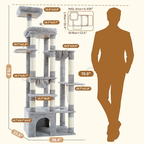 Image of Heybly Cat Tree, 71-Inch Tall Cat Tower for Large Maine Coon Cats with Extra-Large Baseboard, Cat Condo Furniture with Multi-Level Platforms, 2 Hammocks and 12 Scratching Posts, Light Gray HCT037W