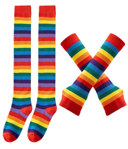 Eohak Rainbow Striped Over-the-Knee Socks and Arm Warmers Set Stretchy Socks & Sleeves Halloween Cosplay Costume Accessories