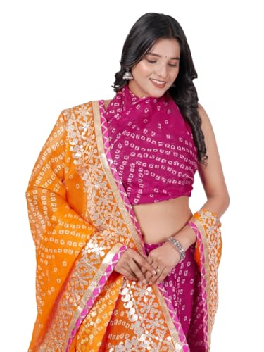 Image of Traditional Ethnic Kota Doria Bandhani Lehenga Choli Set for Wedding and Ethnic FestivalEmbroidered Gota Patti Border Readymade Lehenga Chunni Set with Running Blouse