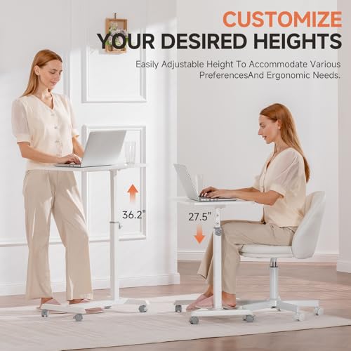 Image of GTPLAYER Small Standing Desk, 24 Inches Mobile Rolling Laptop PC Table with Lockable Casters, Adjustable Height Overbed Bedside Table Computer Workstation for Home Office, White-Fixed