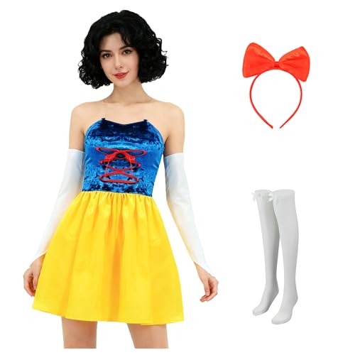 Jaugola Women Snow Fairytale White Blue Corset Top Yellow Skirt Headband Knee High Socks Halloween Princess Costume Outfit S