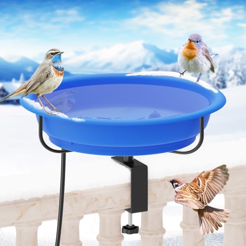 TUSPEU Heated Bird Baths for Outdoors Winter,100W Thermostatically Controlled Heated Bird Bath for Deck Railing Adjustable Metal Clamp Heated Birdbath for Outside Garden Patio Yard Lawn(Blue)