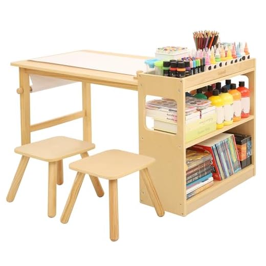 Bateso Kids Art Table & 2 Chairs Set with Roll Paper - Spacious Craft Table with Storage Shelves for Drawing, Activities, and Study - Ideal Wooden Furniture for Creative Play