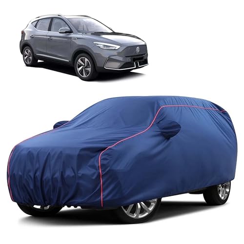 Image of Sulfar 100% Water Resistant Car Body Cover Compatible with Mirror for MG ZS EV (Triple Stitched, Full Bottom Elastic, Blue Taffeta with Red Piping)