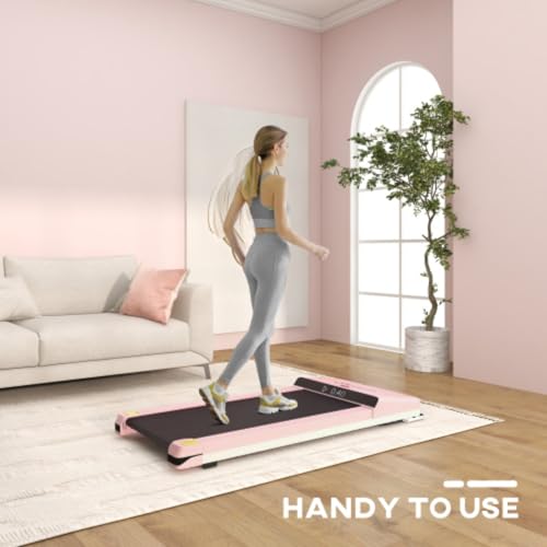 Image of Portable Walking Mat Treadmill, Under Desk Treadmill with Foldable Wheels, Remote Control, LED Display, 264 Lbs Capacity, Pink