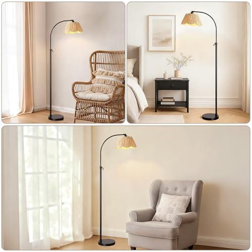Image of 64'' Adjustable Arc Floor Lamp with Woven Pleated Shade, Black