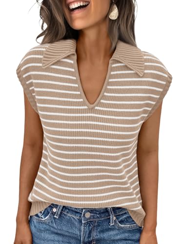 LILLUSORY Women's V Neck Cap Sleeve Sweater Vest Sleeveless Collared Striped Knit Tank Tops 2025 Casual Trendy Outfits