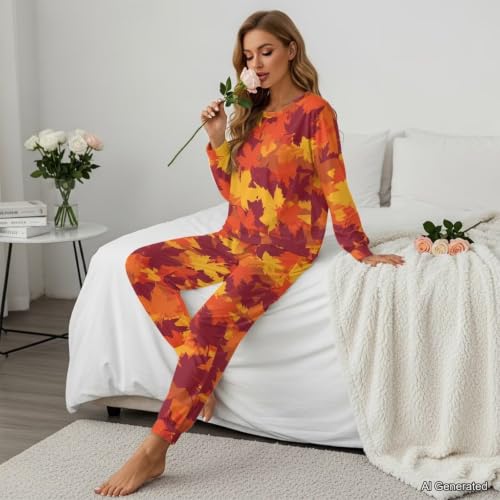 Image of Womens Lounge Set Long Sleeve Soft Pajama Sets | Casual 2 Piece Pj Outfit, Crewneck Sleepwear with Pockets, Adjustable Drawstring, Soft Comfy Fall Pajamas, Plus Size