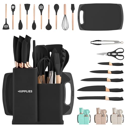 JUPPLIES Juego de Utensilios de Cocina de Silicona 19 Piezas con Cuchillos, Tijeras y Tabla de Cortar – Set Antiadherente Resistente al Calor – Apto para Todas Las Ollas y Sartenes - Negro