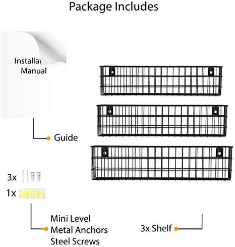 Wall35 Kansas Wall Mounted Black Bookshelf for Kids' Room Decor, Metal Wire Storage Basket Set of 6 (Varying Sizes)