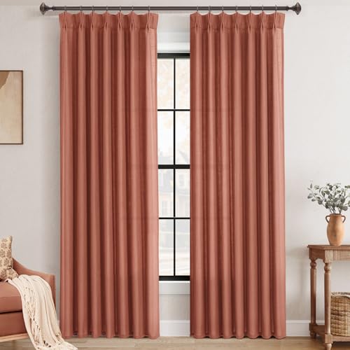 Terracotta Pinch Pleated Linen Curtains 84 Inch Length 2 Panels for Living Room Bedroom Rustic Farmhouse Rust Brick Semi Sheer Drapes Pinch Pleat with Rings Boho Decor Window Curtain 40x84