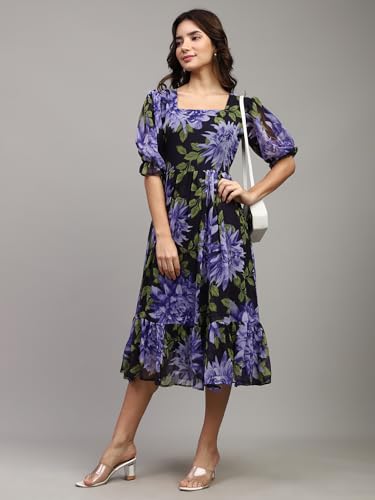 Image of Shasmi Women Women's Floral Printed Midi Dress - Puff Sleeve, Square Neck, A-Line Fit & Flare Casual Outfit