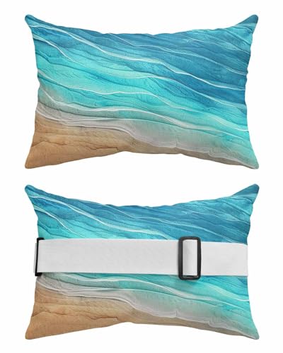 Ocean Turquoise Outdoor Beach Pool Chaise Lounge Chair Head Throw Pillow Covers 11x16 With Insert And Elastic Stripe Set of 2,Lumbar Cushion Pillow Cases,Beach SAnd Minimalist Geometric Striped