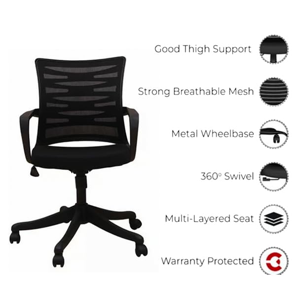 Image of Ergonomic Mesh Office Chair with Adjustable Height, Breathable Backrest | Padded Seat | Fixed Armrests | Smooth 360 Swivel Wheels | Modern Computer Desk Chair for Home Office (Black)