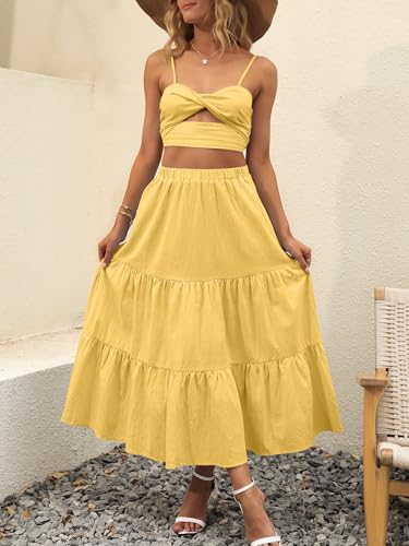 Image of ANRABESS Women's Summer Boho Flowy Swing Tiered A-Line Maxi Skirt 2026 Fashion Trendy Elastic Waist Pleated Long Beach Dress
