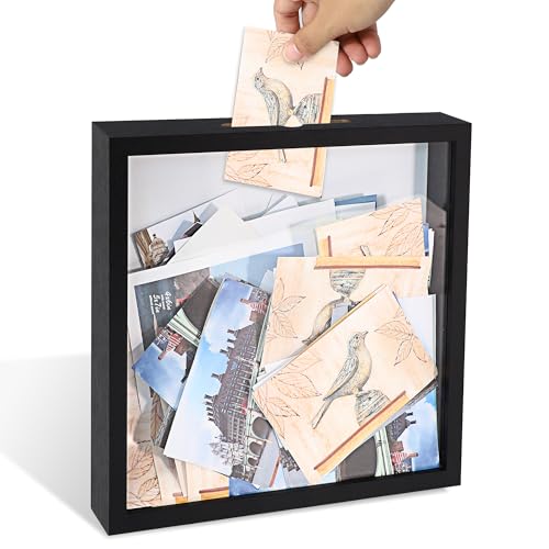 ccdcc 12x12 Shadow Box Picture Frame with Slot on Top,Black Wooden Tempered Glass Travel Memory Display Case for Bottle Caps,Tickets,Shells,Stamps