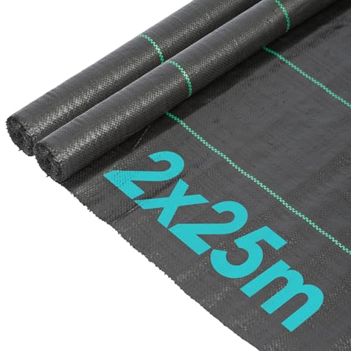 Harbour Housewares 110gsm Weed Control Membrane - 2 Rolls of 2M by 25M each - Black Heavy Duty Weed Control Fabric Barrier Ground Cover for Garden, Patios, Flower Beds, Landscaping