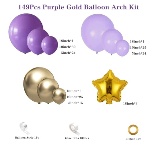 Purple and Gold Balloon Garland Arch Kit, Purple Light Purple Metallic Gold Balloons with Gold Star Foil Balloons for Lavender Butterfly Birthday Wedding Baby Shower Anniversary Party Decorations — view 2