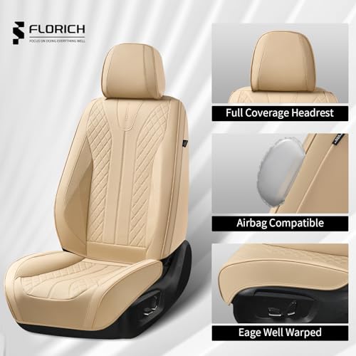 Image of FLORICH Front Seat Covers, Leather Car Seat Covers Luxury Automotive Seat Covers Waterproof Car Seat Protectors Universal Fit for Most Cars SUV Trucks Vehicles, Beige