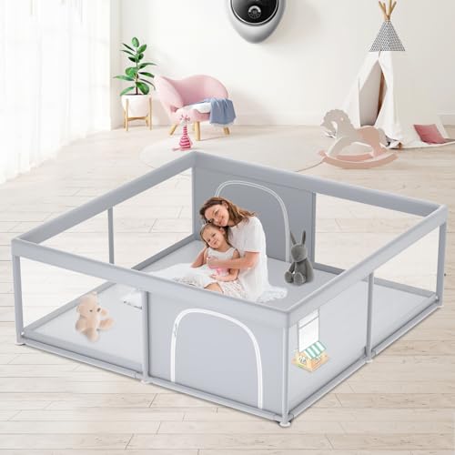 Image of XVISHX Baby Playpen, 79''x79'' Extra Large Playpen for Babies and Toddlers, Baby Fence Play Pen for Indoor & Outdoor, with Soft Breathable Mesh Grey