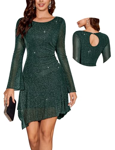 Aupuls Ruched Waist Short Homecoming Dresses Bell Sleeve Cocktail New Years Eve Dress AUPG026 DarkGreen M