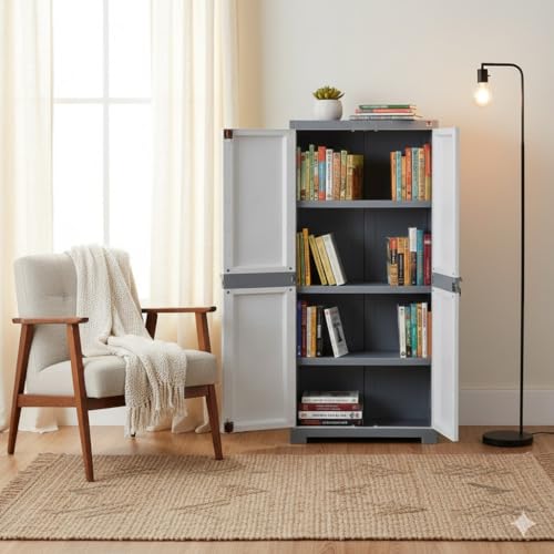 Image of Cello Novelty Big Bookshelf, White & Grey | 2 Dustproof Doors | Space Saving Cupboard | Plastic Book Shelf | Multipurpose Book Shelf for Home, Office | Book Organizer for Library