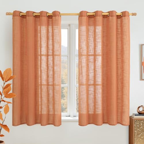Image of LAMIT Burnt Orange Sheer Linen Curtains 54 Inch Length, Light Filtering Panels Bronze Grommet Boho Farmhouse Decor Drapes for Bedroom /Living Room, 2 Panels, 52 x 54 Inch
